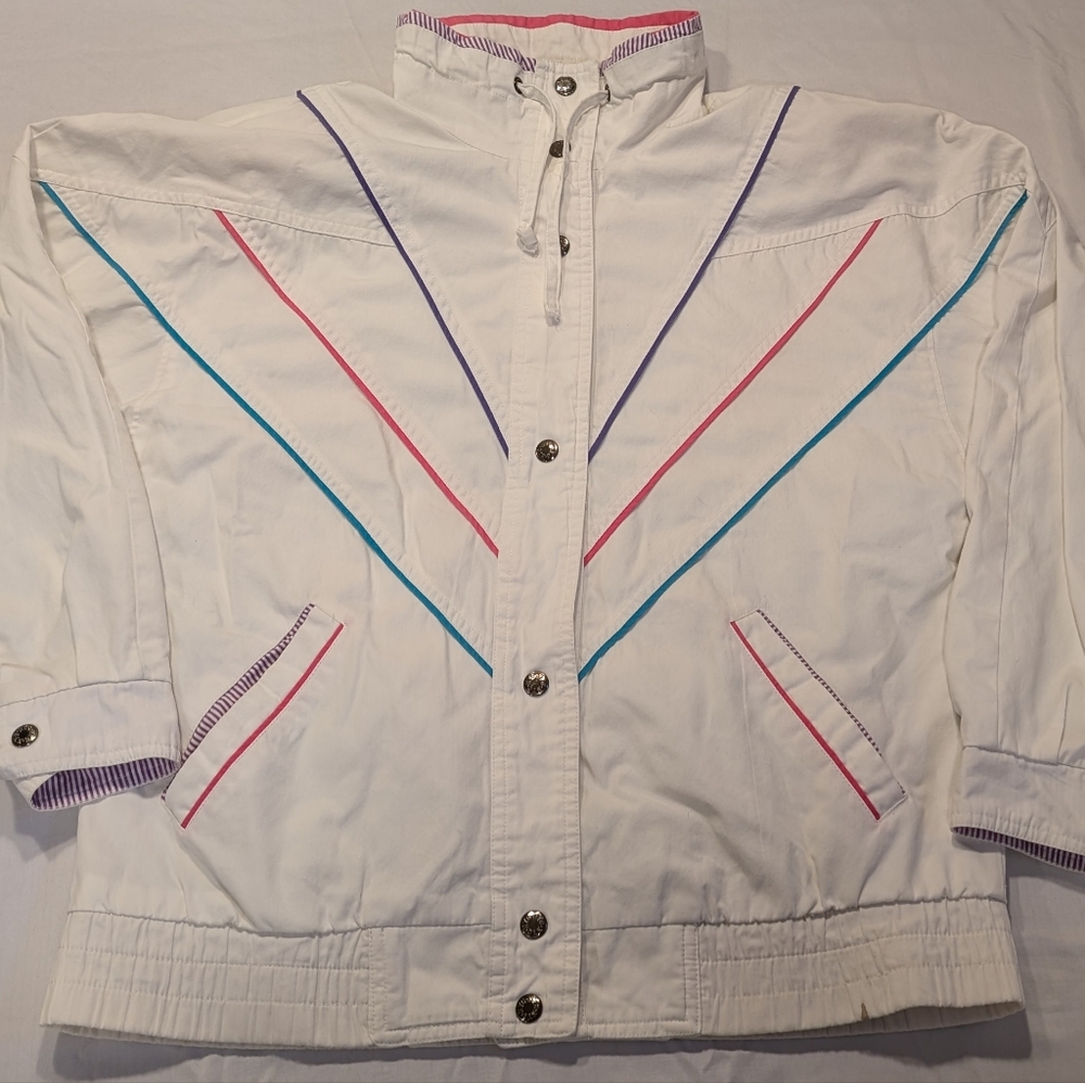 Vintage Neon Ski Jacket – White with Jewel Tone Stripes – S